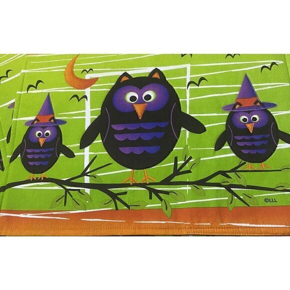 Halloween Placemats Owl Bats, And Owl Witches Black Purple Set Of 6 - Picture 1 of 7